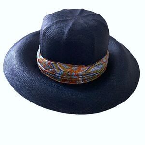 Vintage Filene’s Navy Blue Sun Straw Hat with Satin Paisley Ribbon‎